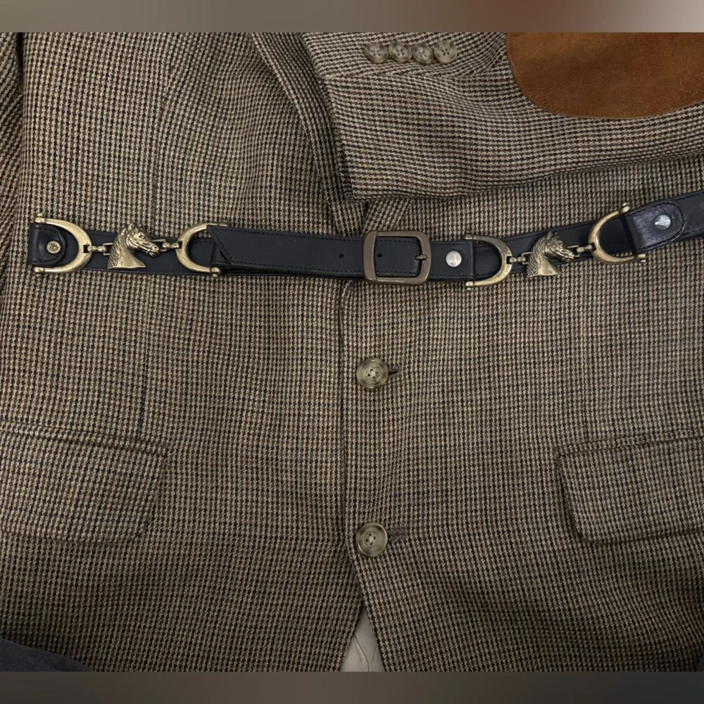 Black Leather Horsebit Accent Belt with Gold Hardware